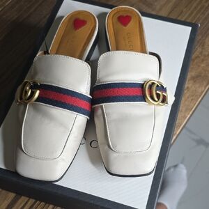 Gucci Women's Cream Mules with Gold and Red-Blue Stripe